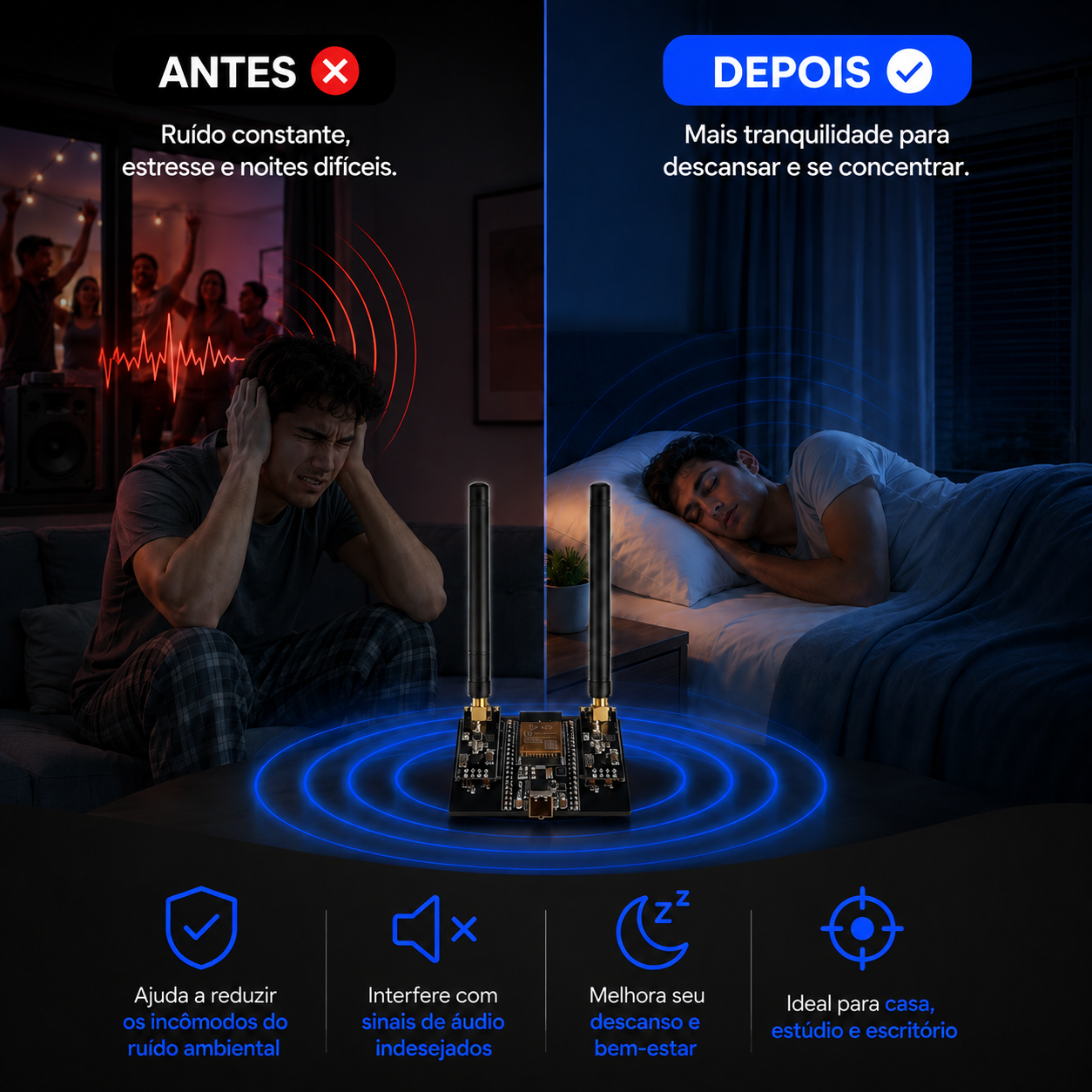 Antes e depois: ruído constante versus noites tranquilas com o Ónmix Control