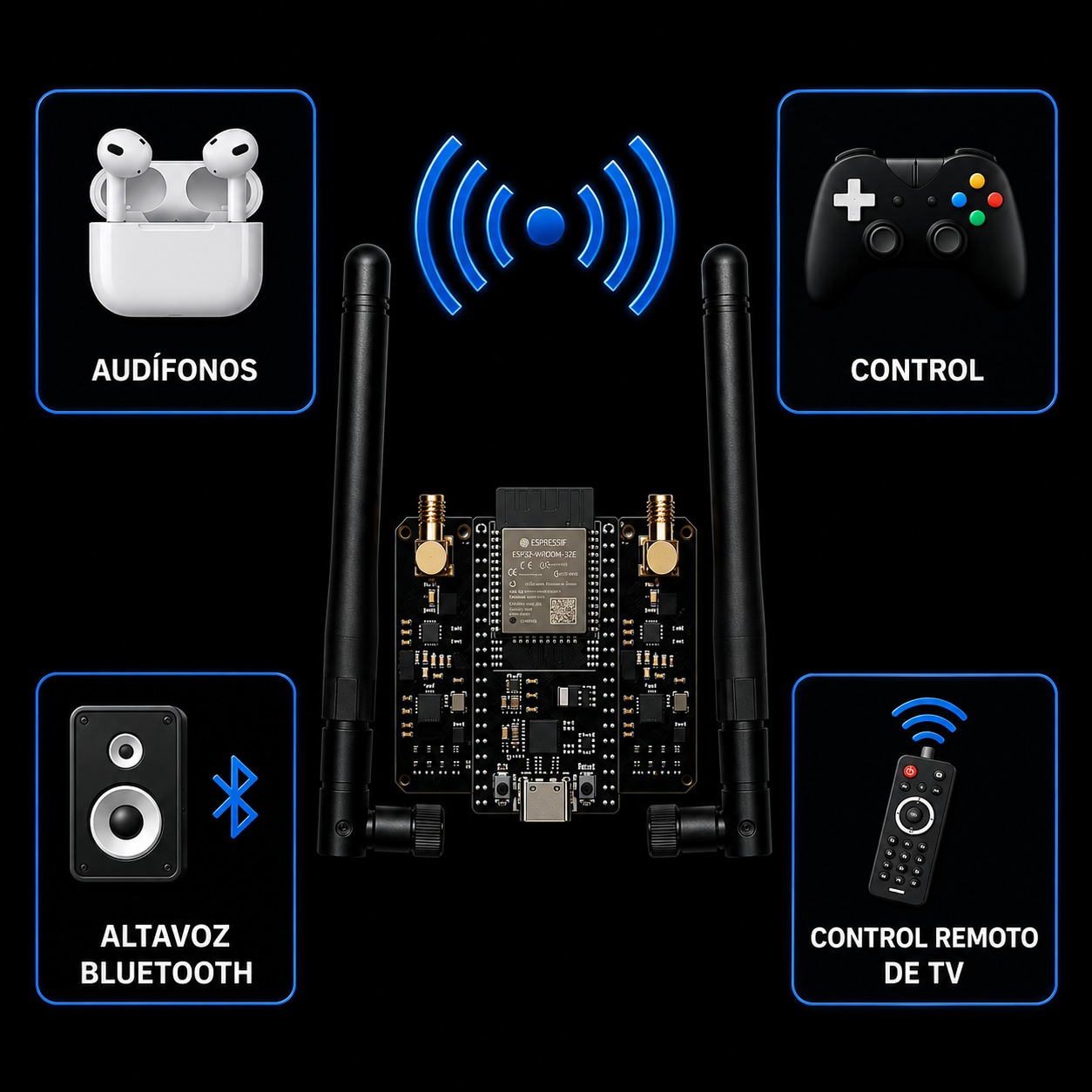 Compatível com fones, caixas de som Bluetooth, controles e controle remoto de TV